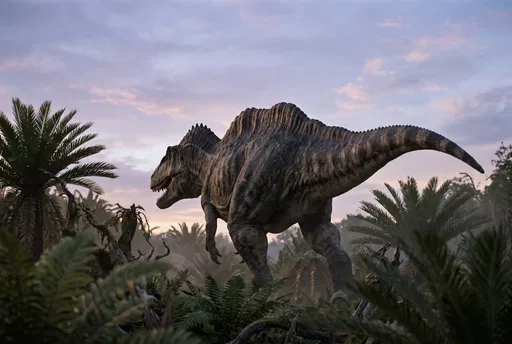Acrocanthosaurus Dinosaur in Prehistoric Dusk Jungle