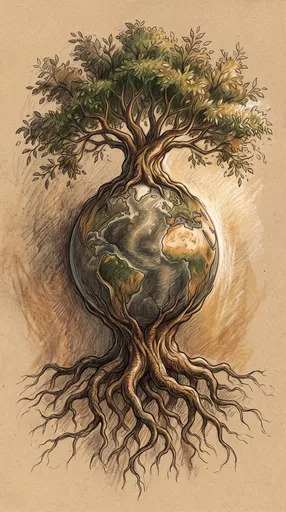 Surreal Tree Growing Around Planet Earth Drawing