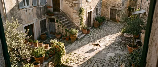 Calico Cat in Sunlit Mediterranean Courtyard