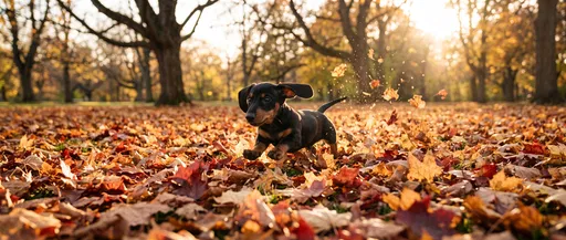 Dachshund Puppy Running in Autumn Leaves