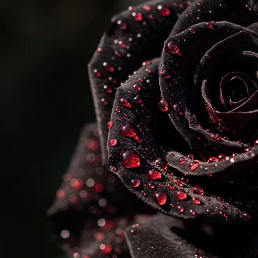 Black Rose with Crimson Water Droplets