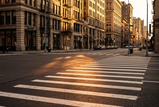 Golden Hour Sunlight on Empty City Crosswalk