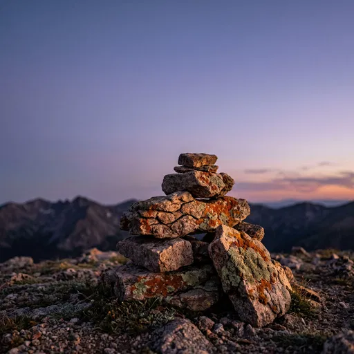 Lichen Covered Mountain Cairn at Dusk