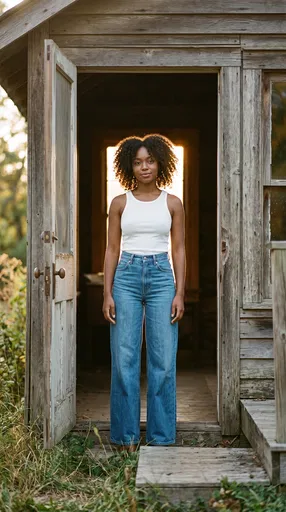 Woman in Jeans Standing in Rustic Doorway