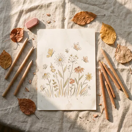 Floral Sketch with Pencils and Leaves