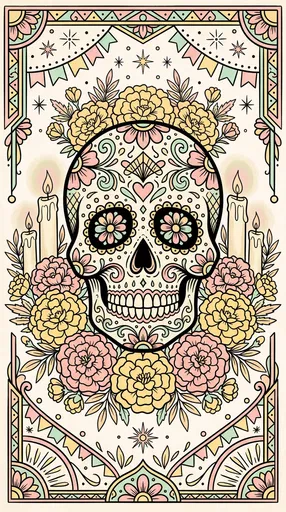 Pastel Sugar Skull and Marigold Folk Illustration