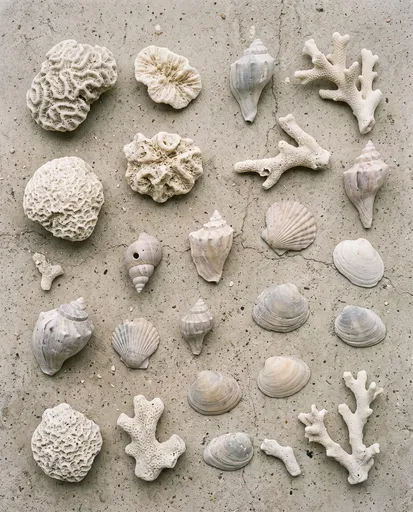 Bleached Coral and Shell Specimens on Concrete