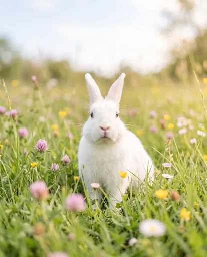 White Rabbit in Spring Wildflower Meadow