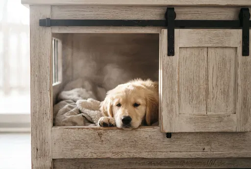Golden Retriever Puppy in Farmhouse Dog Crate