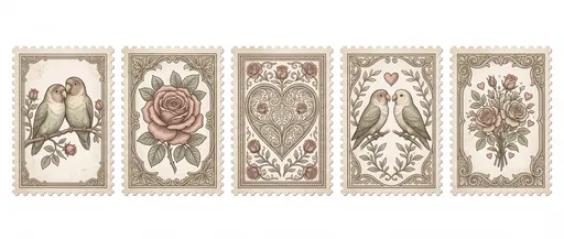 Five Vintage Romantic Postage Stamp Illustrations