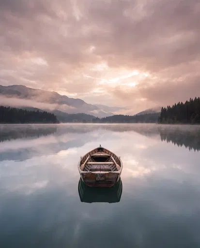 Wooden Rowboat on Misty Sunset Lake
