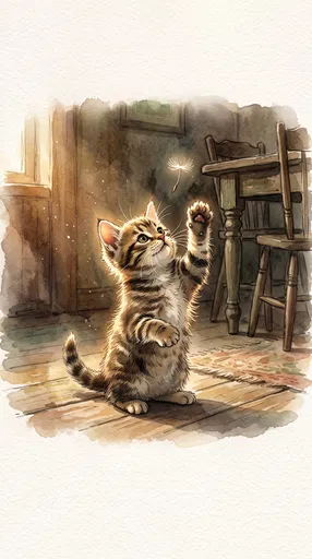 Watercolor Tabby Kitten Reaching for Dandelion