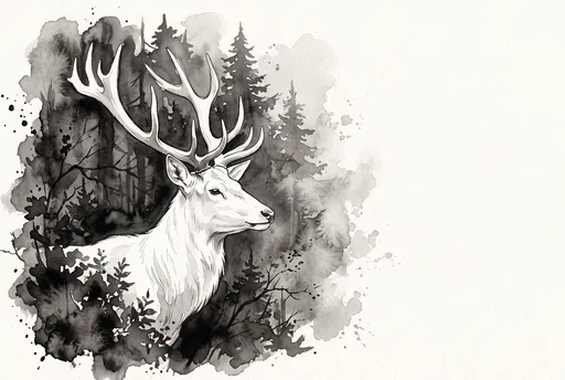 Monochrome Watercolor Illustration of White Stag