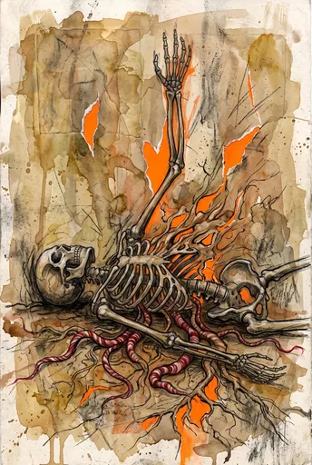 Surreal Mixed-Media Skeleton and Roots