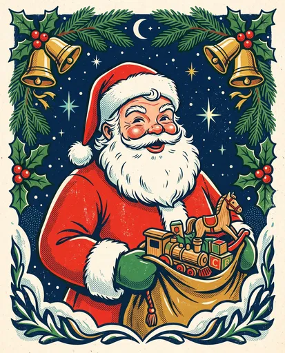 Vintage Screen-Print Illustration of Santa Claus