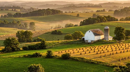 Golden Hour Farmland With White Barn