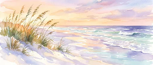Watercolor Sunset Beach With Sea Oats