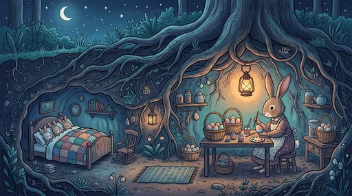 Mother Rabbit Painting Easter Eggs Underground