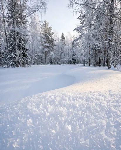 Snowdrift with Frost in Winter Forest