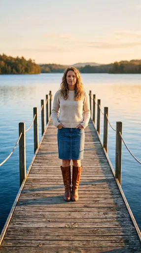 Woman Standing on Lake Dock at Sunset