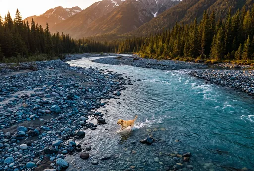 Yellow Labrador Running in Mountain River