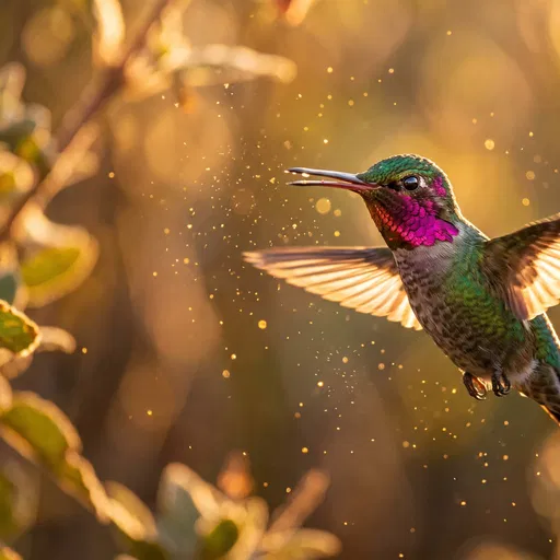 Hummingbird Hovering in Golden Sunlight