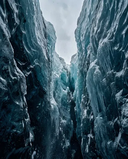Low Angle View Inside Glacial Ice Crevasse