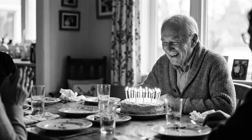 Elderly Man Laughing With Birthday Cake