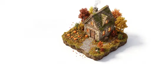 Isometric Autumn Stone Cottage with Pumpkin Patch