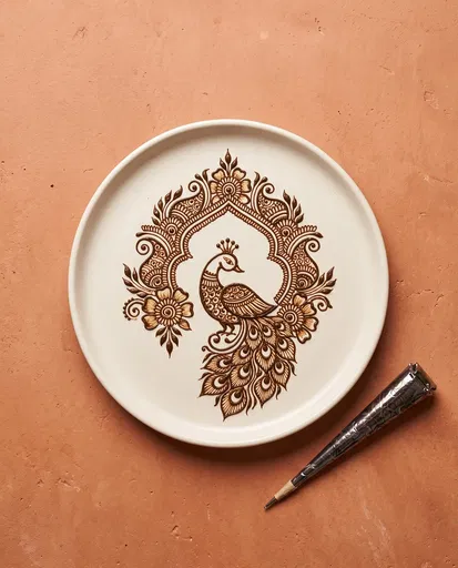 Peacock Henna Design on Ceramic Plate