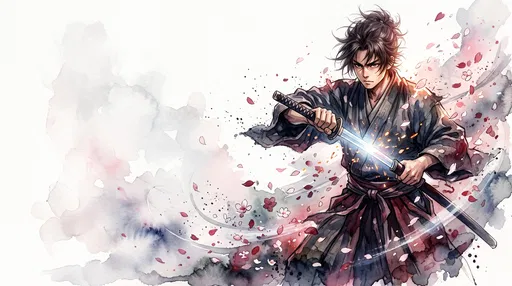Watercolor Anime Samurai Drawing Glowing Katana