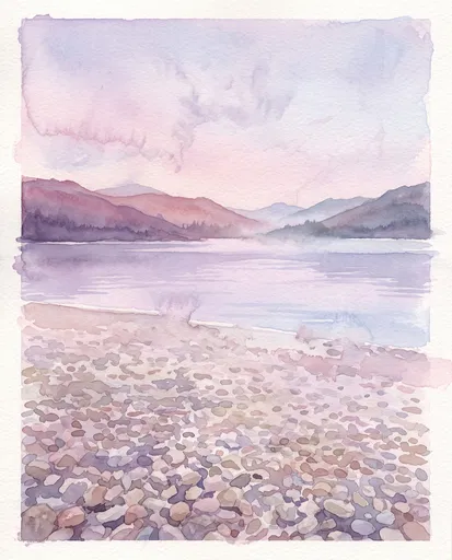 Pastel Watercolor Lake and Pebble Beach