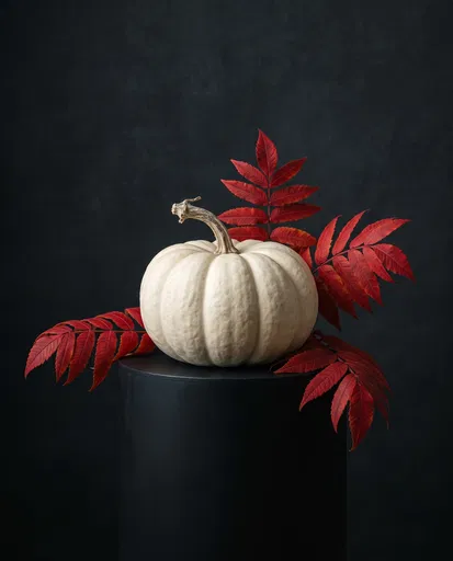 White Pumpkin and Red Sumac Still Life