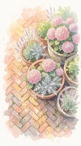 Watercolor Garden Pots on Brick Path