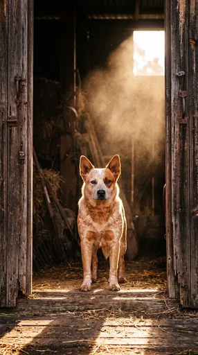 Red Heeler Dog in Barn Doorway