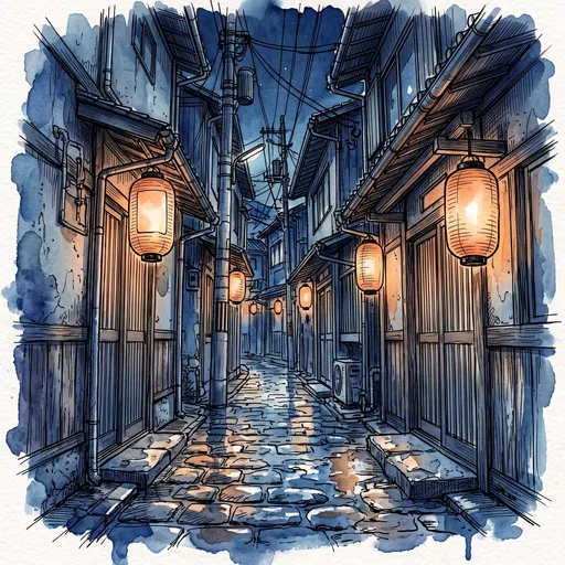 Watercolor Night Alleyway with Glowing Lanterns