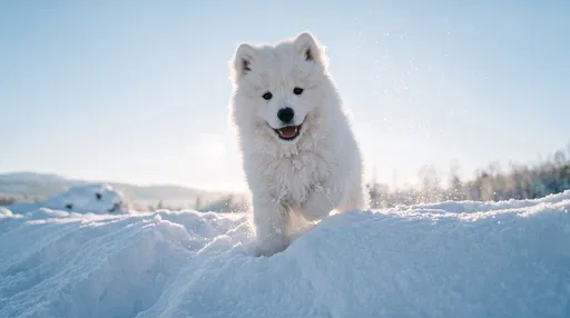 Fluffy White Samoyed Puppy in Snow