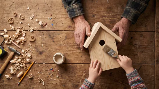 Father and Child Painting Wooden Birdhouse