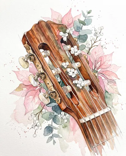 Watercolor Guitar Headstock with Pink Poinsettias