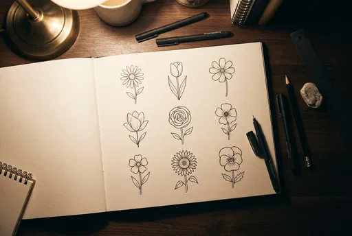 Sketchbook With Nine Simple Flower Line Drawings