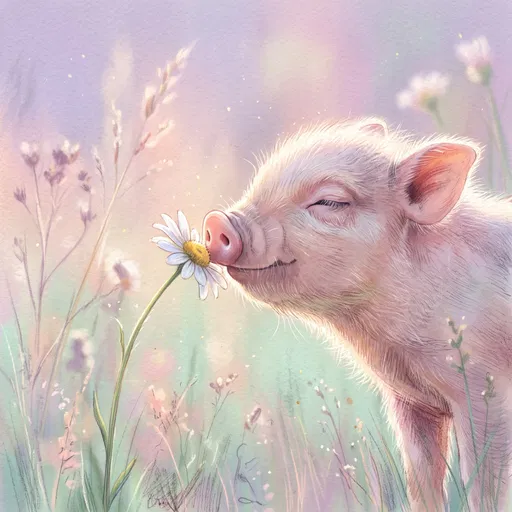 Pastel Drawing of Piglet Smelling Daisy