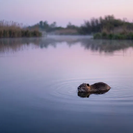 Nutria Swimming in Calm Dawn Pond