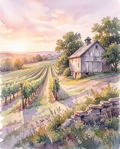Watercolor Vineyard and Weathered Timber Barn