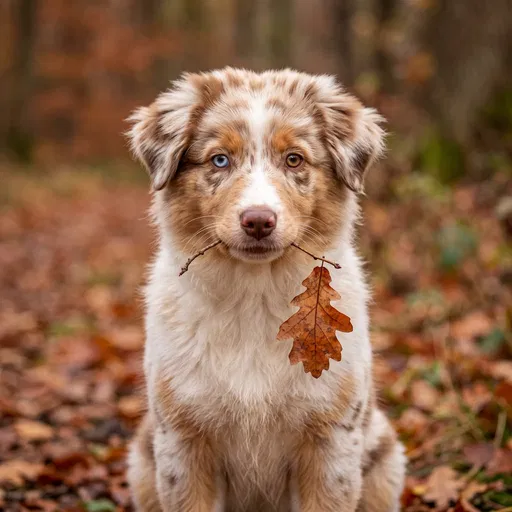 Australian Shepherd Puppy Holding Autumn Leaf