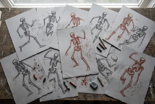 Flat Lay of Skeleton Gesture Drawings