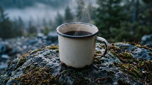 Steaming Enamel Coffee Mug on Mossy Rock