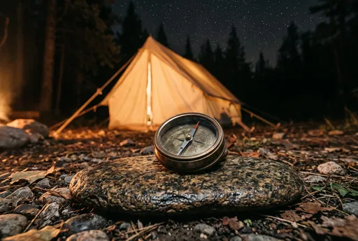 Brass Compass on Stone by Night Tent