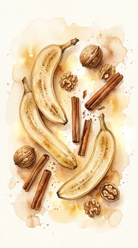 Watercolor Bananas Walnuts and Cinnamon Flat Lay