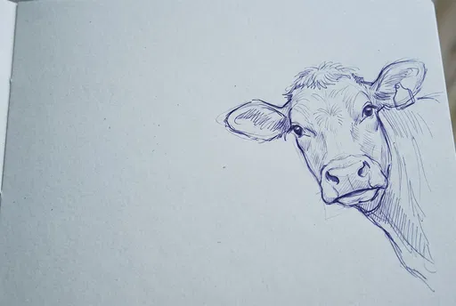 Blue Ballpoint Pen Sketch of Cow