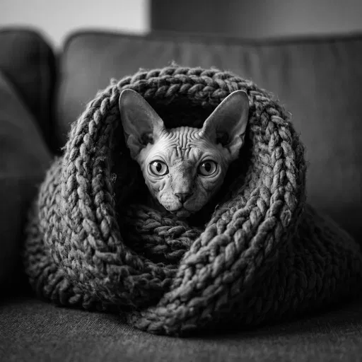 Sphynx Cat Wrapped in Knitted Blanket